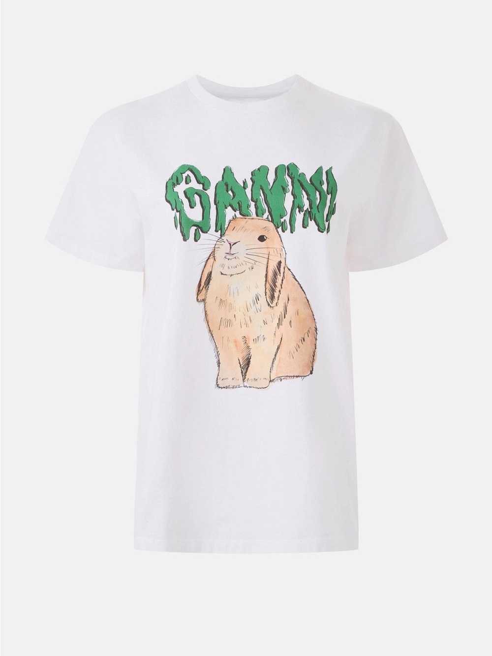 Ganni White Tee with Beige Bunny and Green Logo
